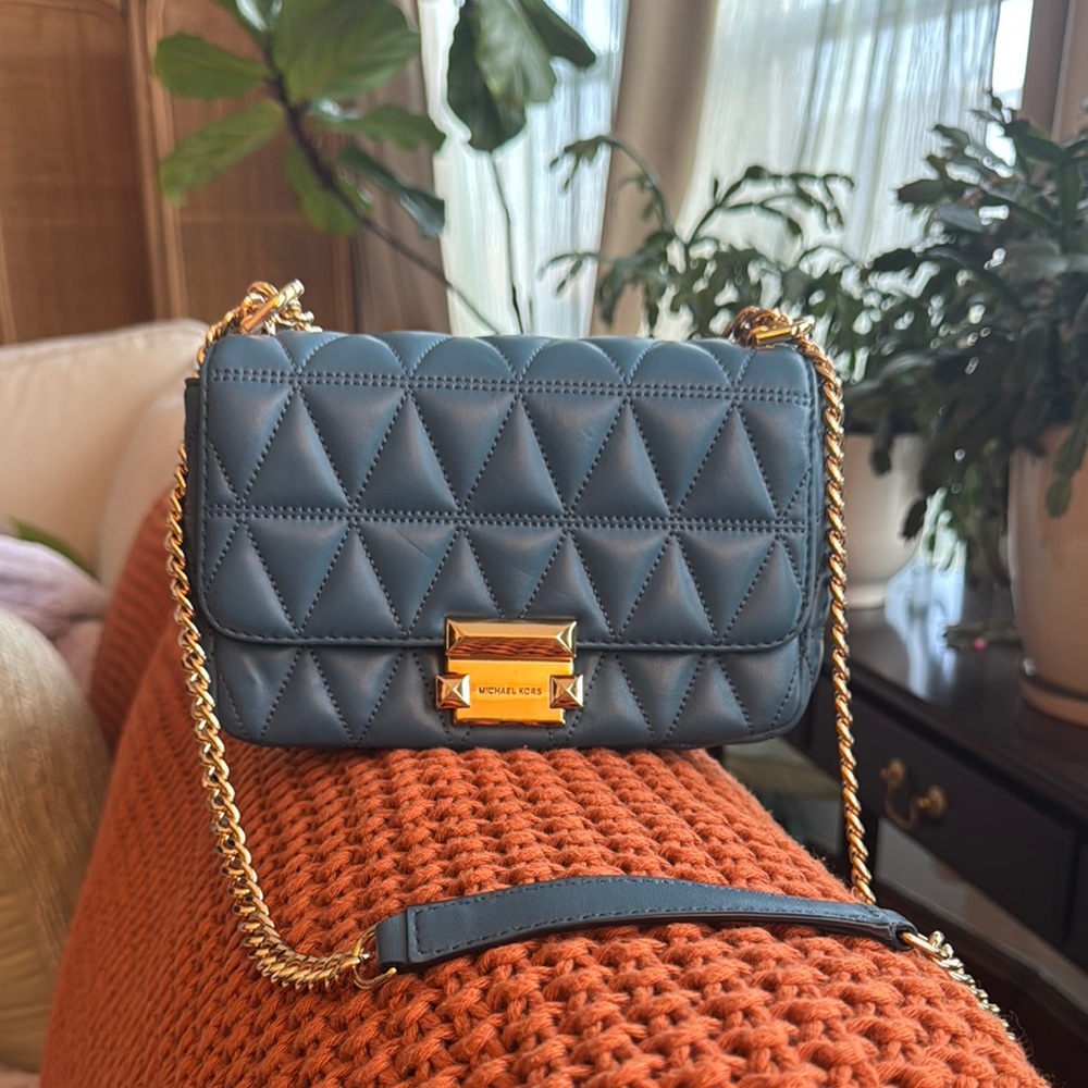 Michael Kors Dark Chambray Quilted Flap Shoulder SLOAN Bag